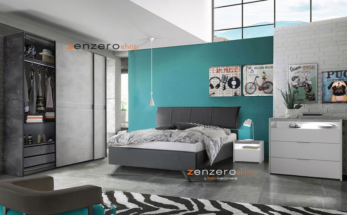 Camera matrimoniale finitura Bianca, Ossido e Beton, completa di letto, armadio e comodini