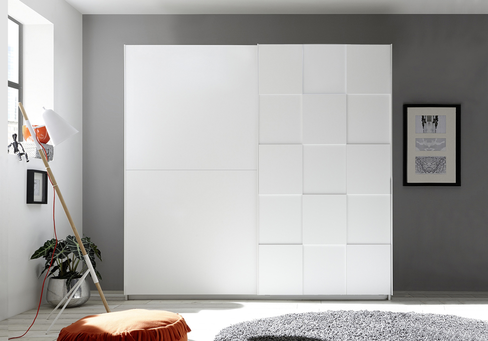 Armadio moderno 2 ante scorrevoli con forme geometriche, 220x210, bianco opaco