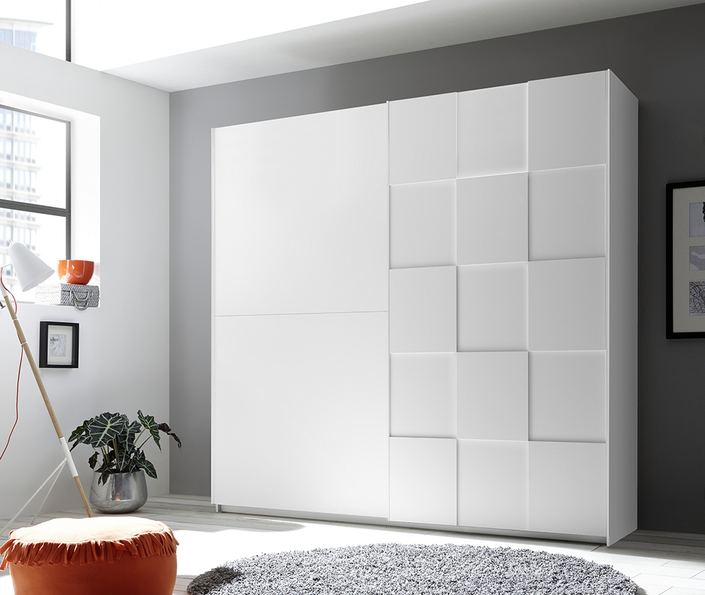 Armadio moderno 2 ante scorrevoli con forme geometriche, 220x210, bianco opaco