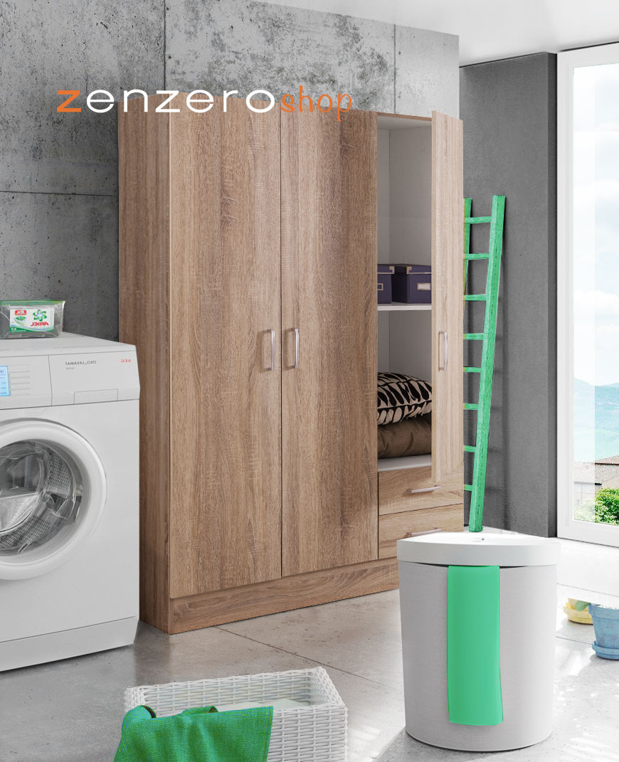 Armadio multiuso, 3 ante, 2 cassetti, rovere sonoma, made in Italy