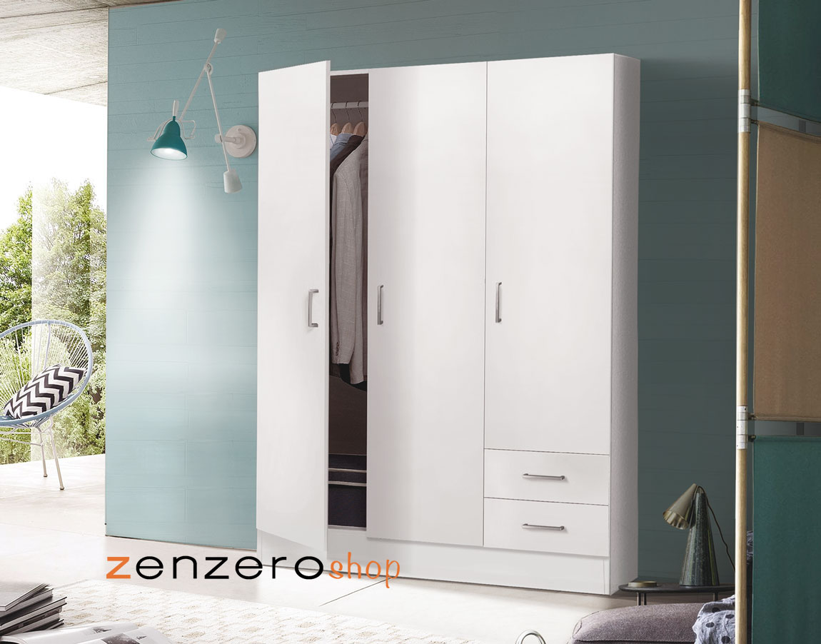 Armadio multiuso, 3 ante, 2 cassetti, bianco, made in Italy