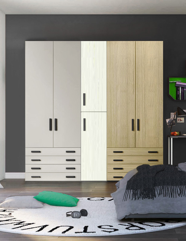 Armadio moderno L.226 a 6 ante e 8 cassetti H.257, finiture Rovere bianco, Royal Oak e Grigio Dorian
