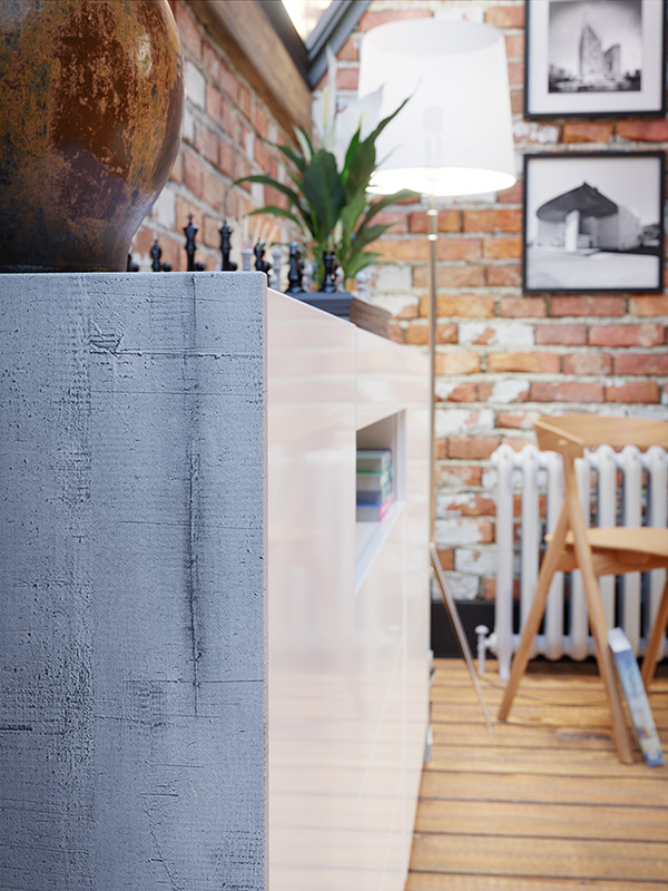 Soggiorno con parete attrezzata e madia, Bianca lucido e Grigio loftwood