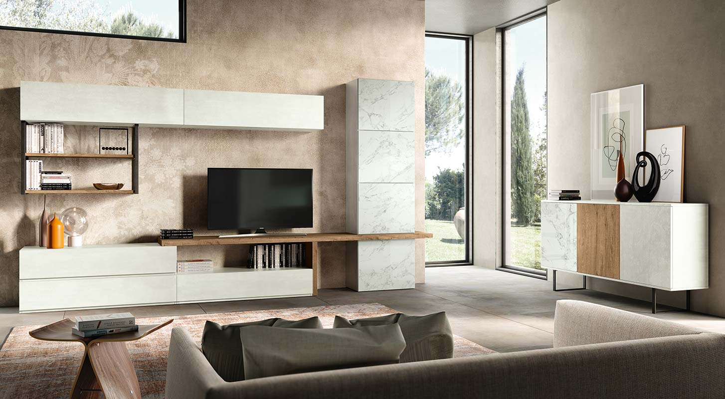 Parete attrezzata Saturno in finitura Bianco calce, Rovere nordico e Vetro marmo white