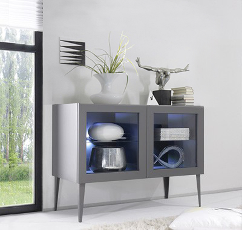 Vetrina Moderna, Madia di Design, 2 ante, Grigio Opaco con piedini