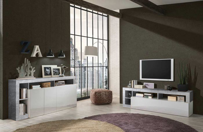 Soggiorno moderno composto da una madia a 4 ante e un porta Tv in finitura bianco e Cemento