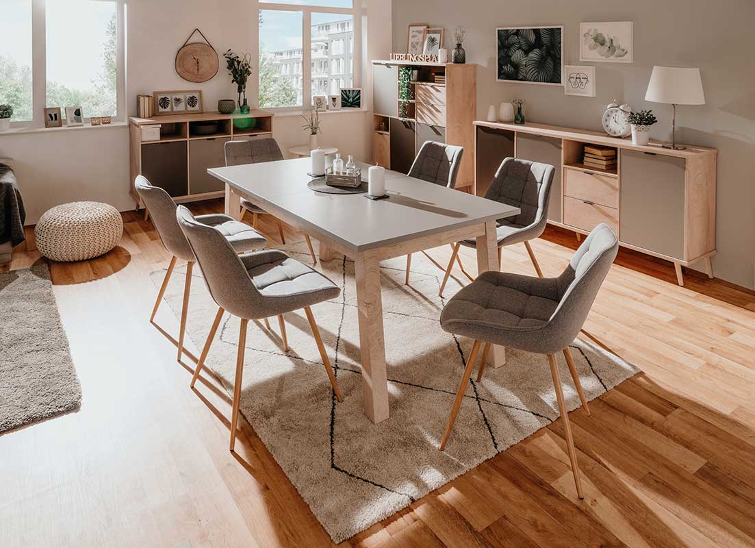 Tavolo Rosvik allungabile in finitura Grigio Seta, Grigio Perla e Antracite