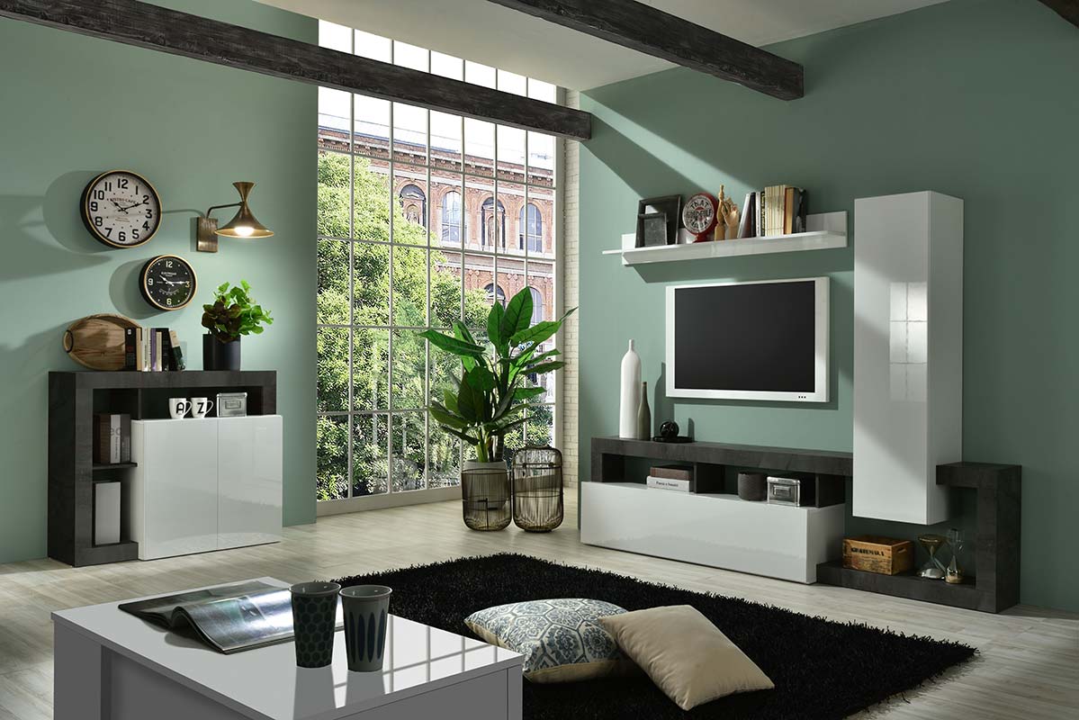 Soggiorno moderno di design composto da parete attrezzata e madia a 2 ante in finitura bianco e ossido