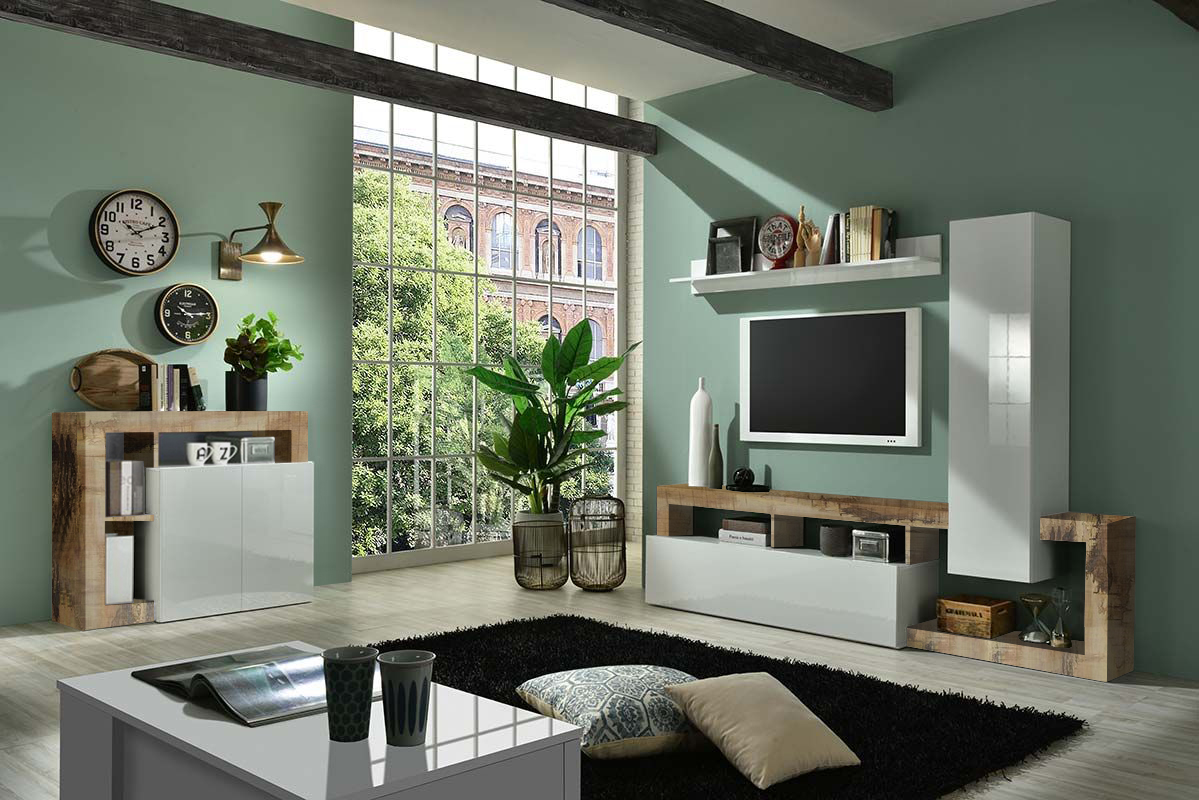 Soggiorno moderno di design composto da parete attrezzata e madia a 2 ante in finitura bianco e Pero Zenzero Shop