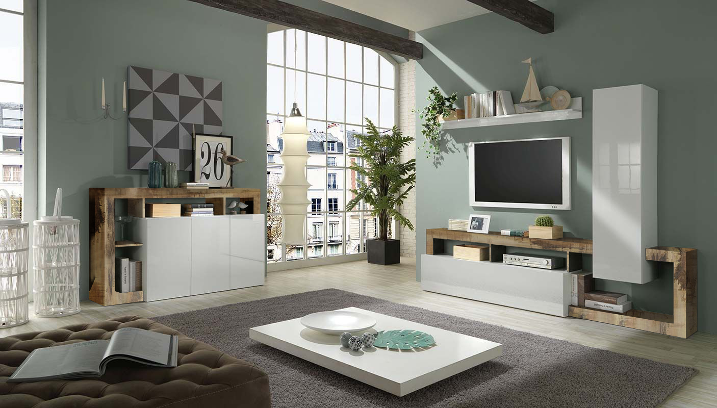 Soggiorno di design composto da parete attrezzata e madia a 3 ante in finitura bianco e Pero