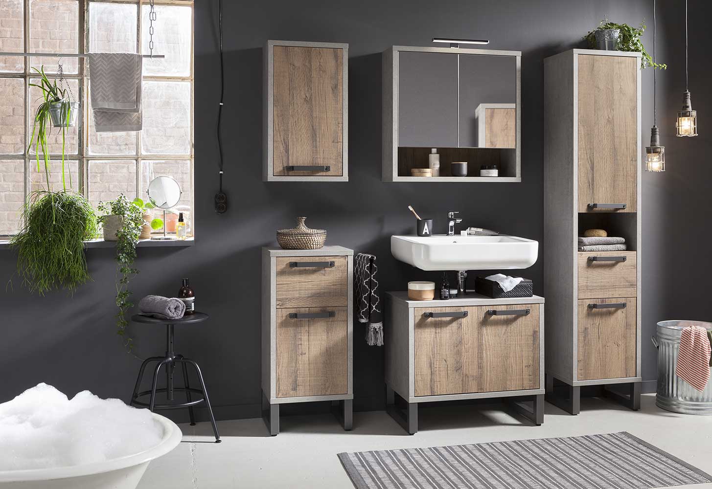 Mobile x bagno in finitura cemento e rovere invecchiato