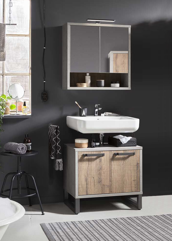 Sottolavello con 2 ante in finitura Cemento e Rovere invecchiato 