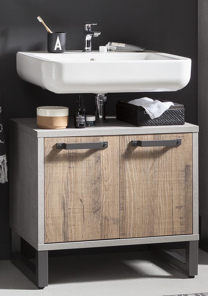 Sottolavello con 2 ante in finitura Cemento e Rovere invecchiato 