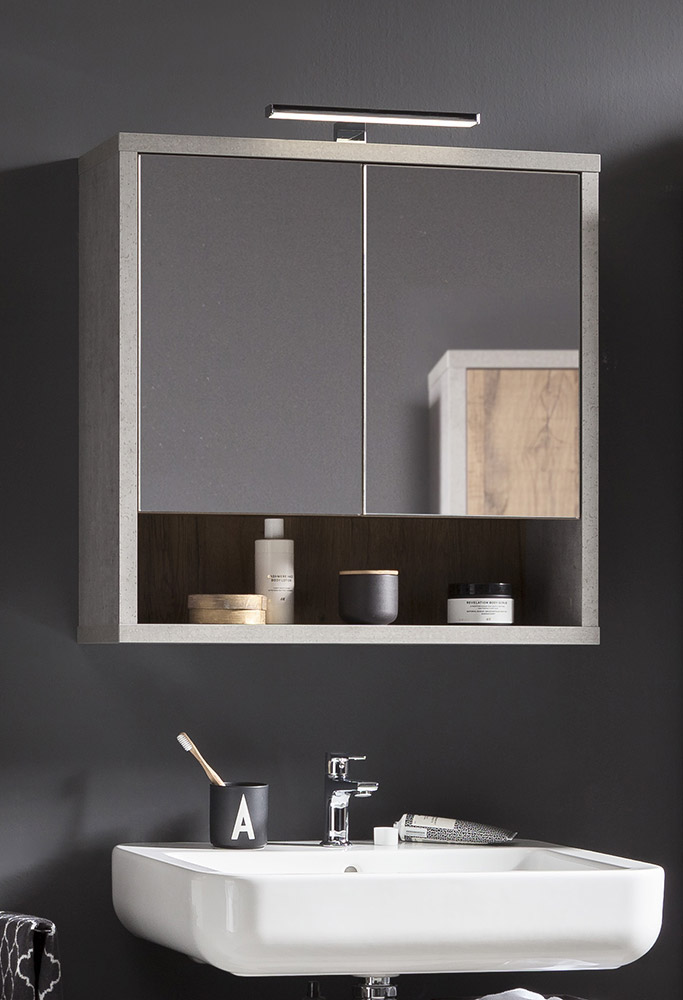 Pensile sospeso con 2 ante in finitura Cemento con specchio