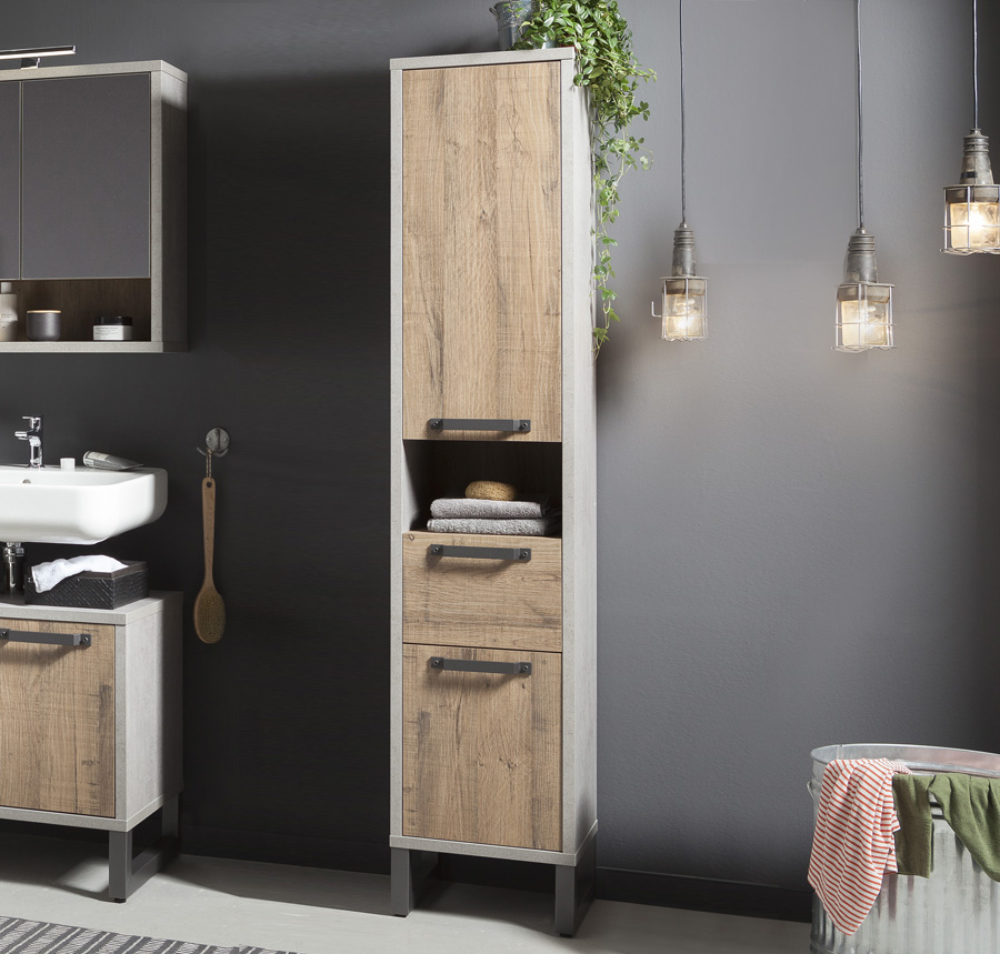 Mobili per bagni industry in finitura Cemento e Rovere invecchiato