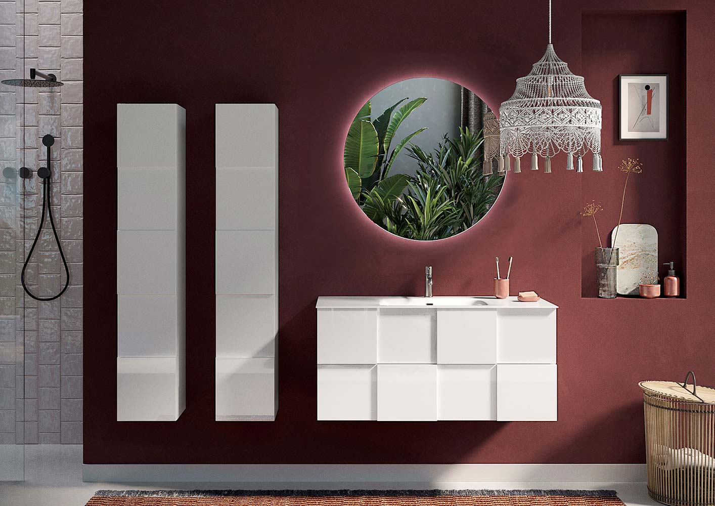 Mobile da bagno L.101, bianco lucido sospeso a 2 cassetti