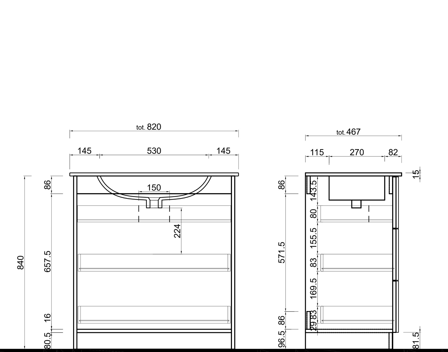 Mobile da bagno moderno 3 cassetti L.82 cm