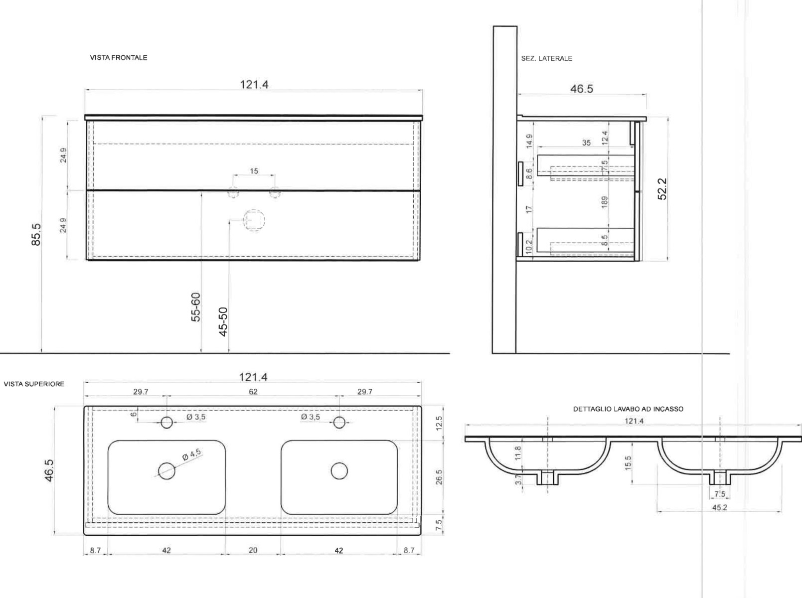 Mobile da bagno sospeso L.122 doppio lavabo, 2 cassetti, finitura Bianco lucido