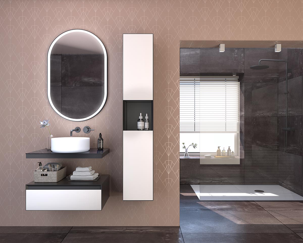 Bagno moderno sospeso, finitura Nero e Bianco opaco