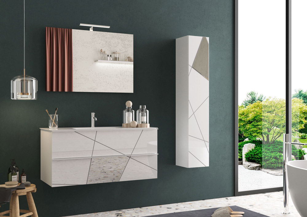 Mobile da bagno 2 cassetti sospeso, finitura Bianco lucido