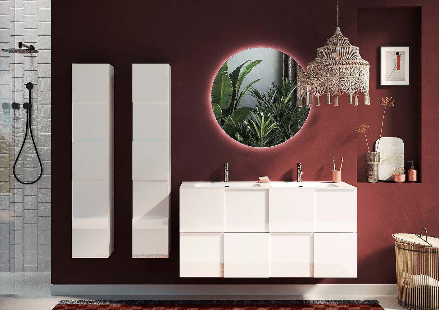 Mobile da bagno sospeso L.122 doppio lavabo, 2 cassetti, finitura Bianco lucido