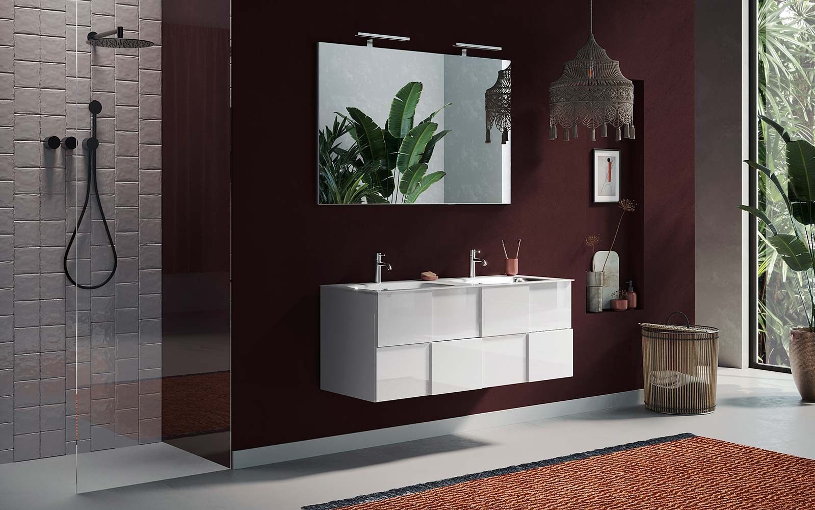 Mobile da bagno sospeso L.122 doppio lavabo, 2 cassetti, finitura Bianco lucido