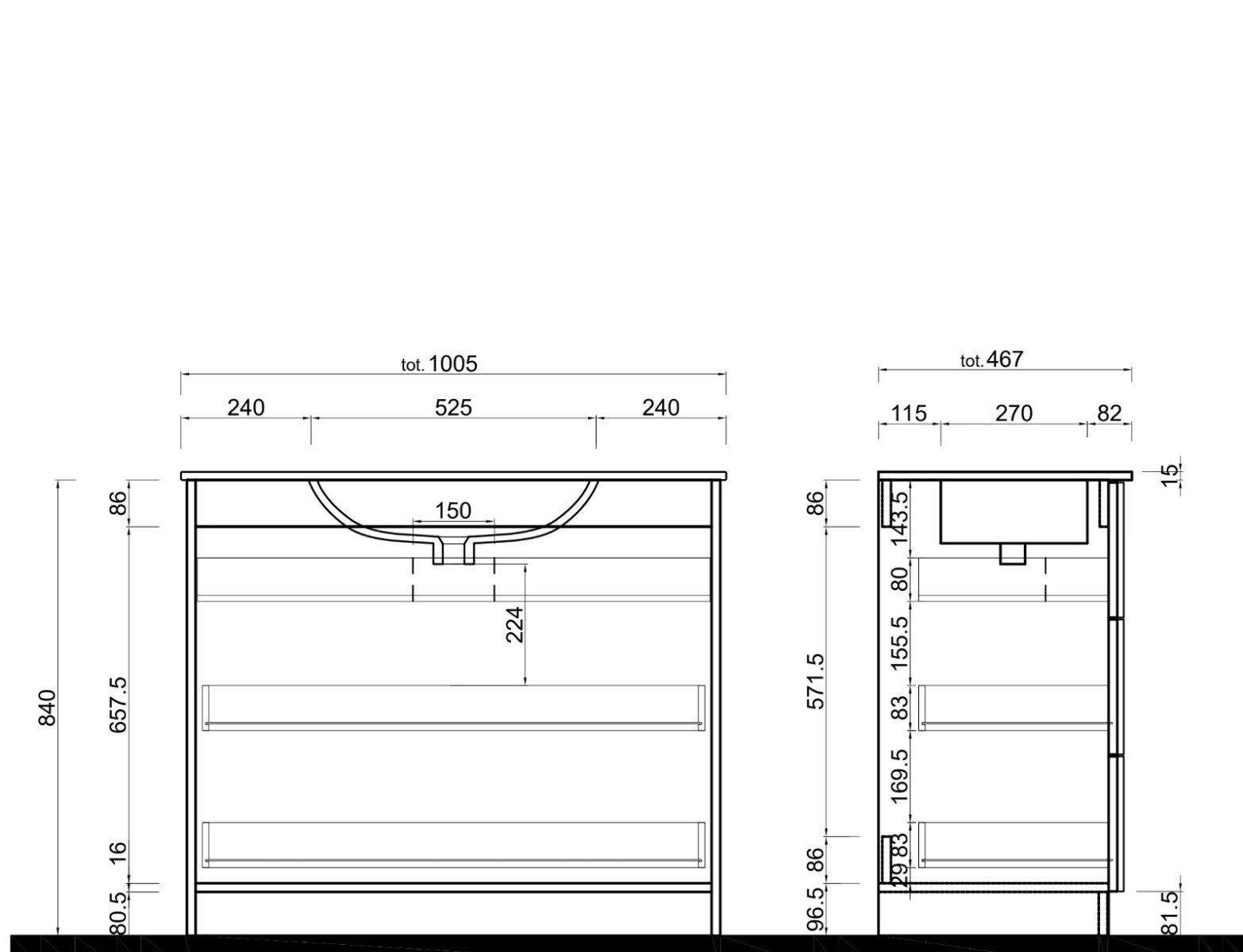 Spazioso Mobile da bagno 3 cassetti L.100 cm, novità