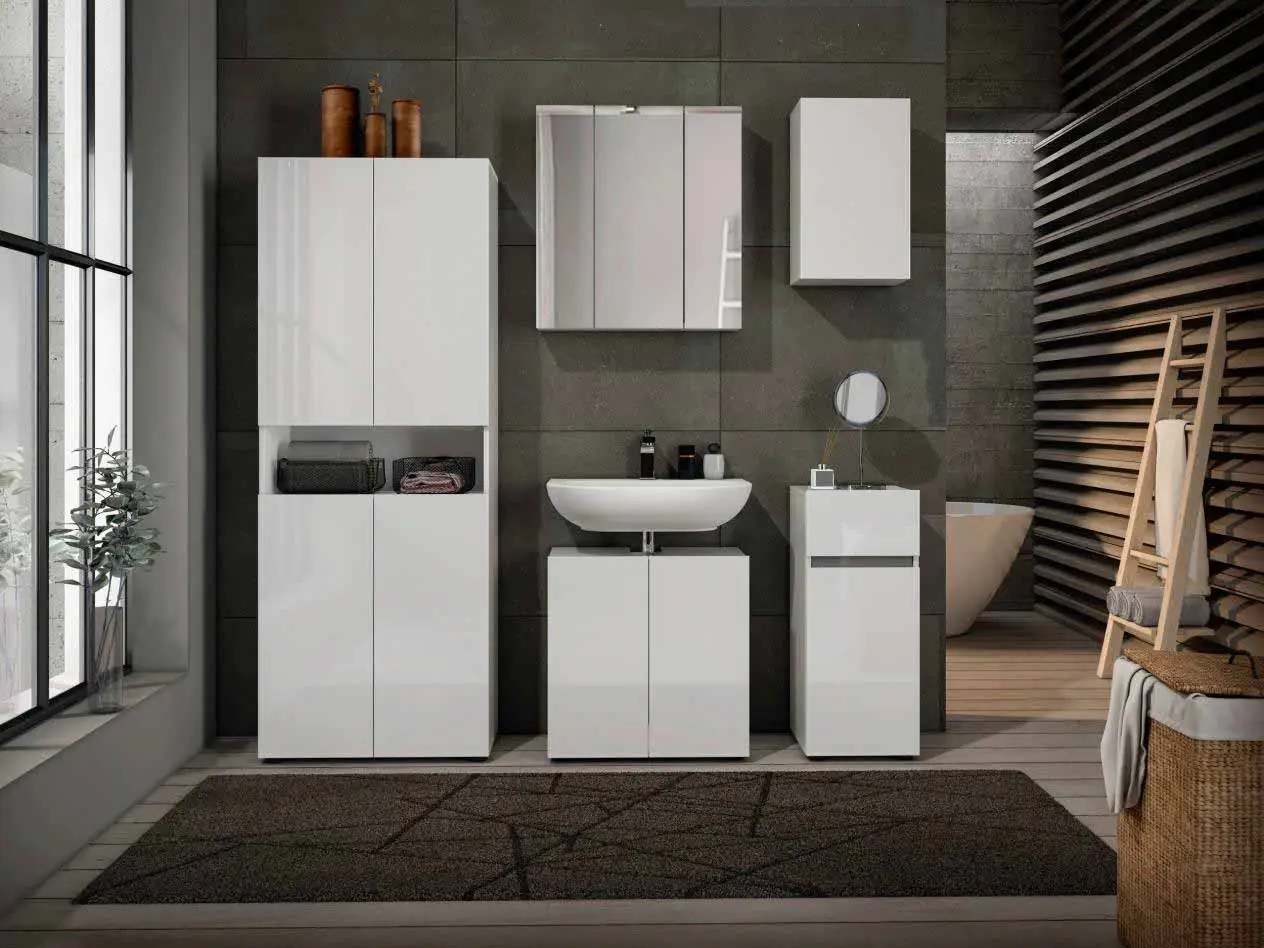 Armadietto da bagno a 4 ante con 6 ripiani e 1 vano a giorno