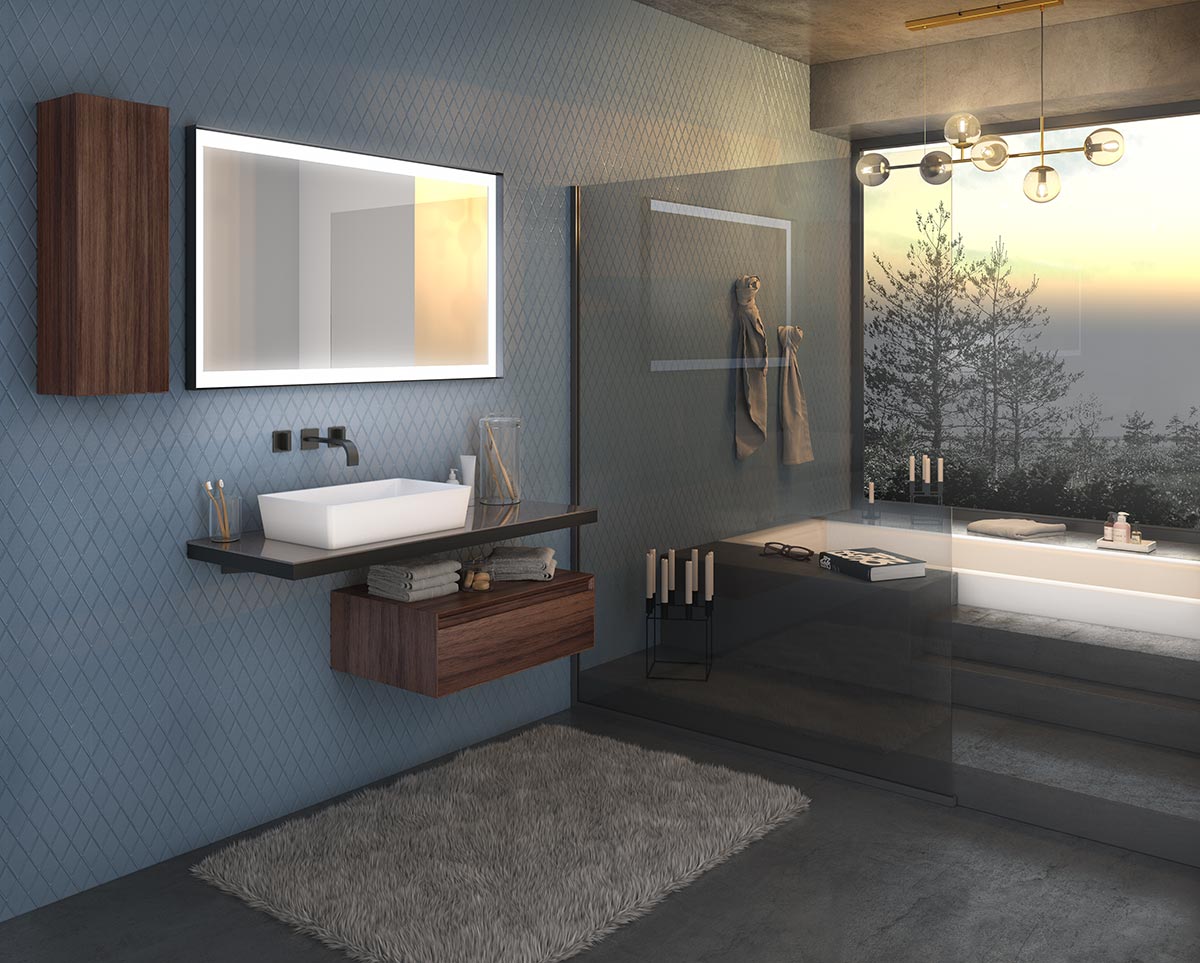 Mobile bagno con lavabo in appoggio, finitura Nero e Noce canaletto