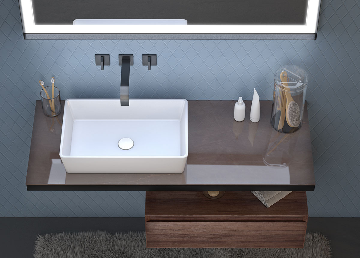 Mobile bagno con lavabo in appoggio, finitura Nero e Noce canaletto