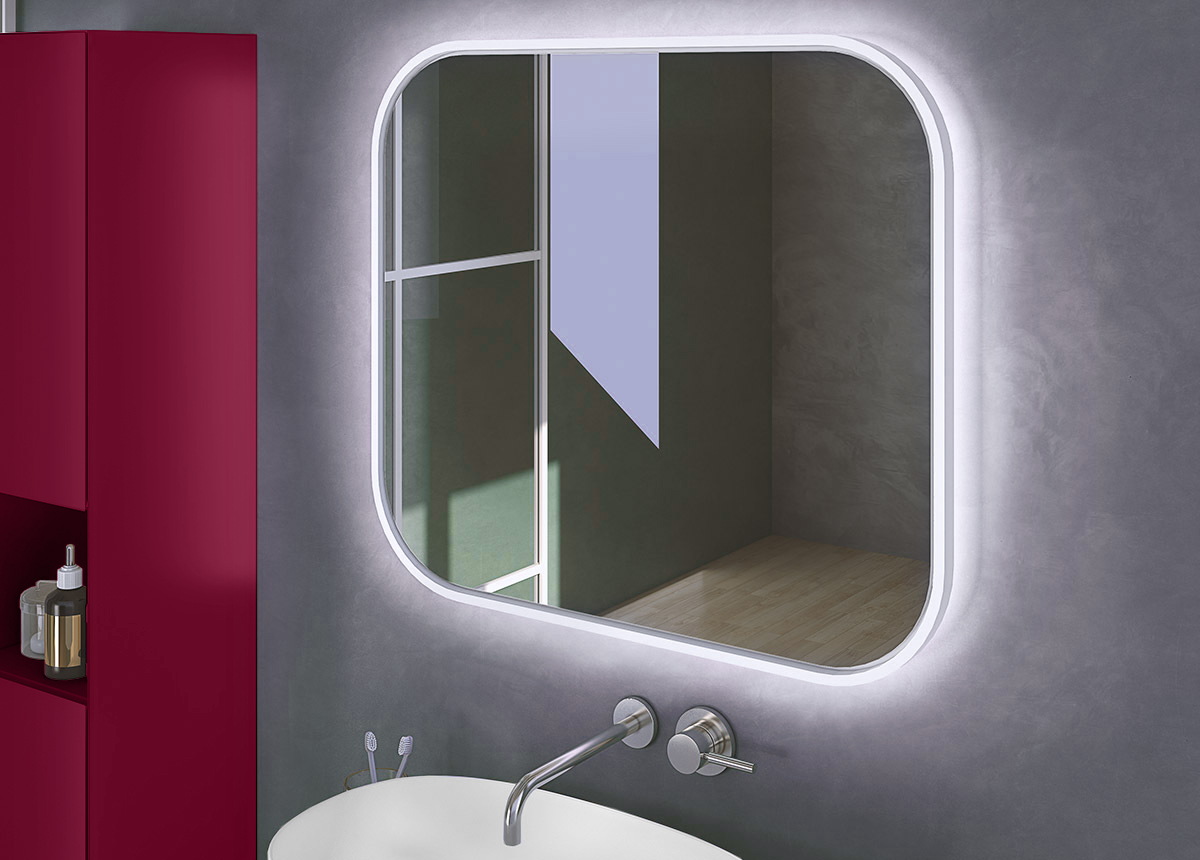 Mobile da bagno sospeso con lavabo in appoggio, finitura Rosso Vino e Rovere