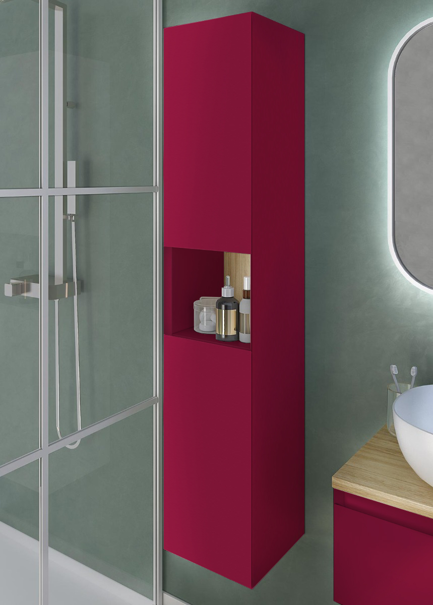 Mobile da bagno sospeso con lavabo in appoggio, finitura Rosso Vino e Rovere
