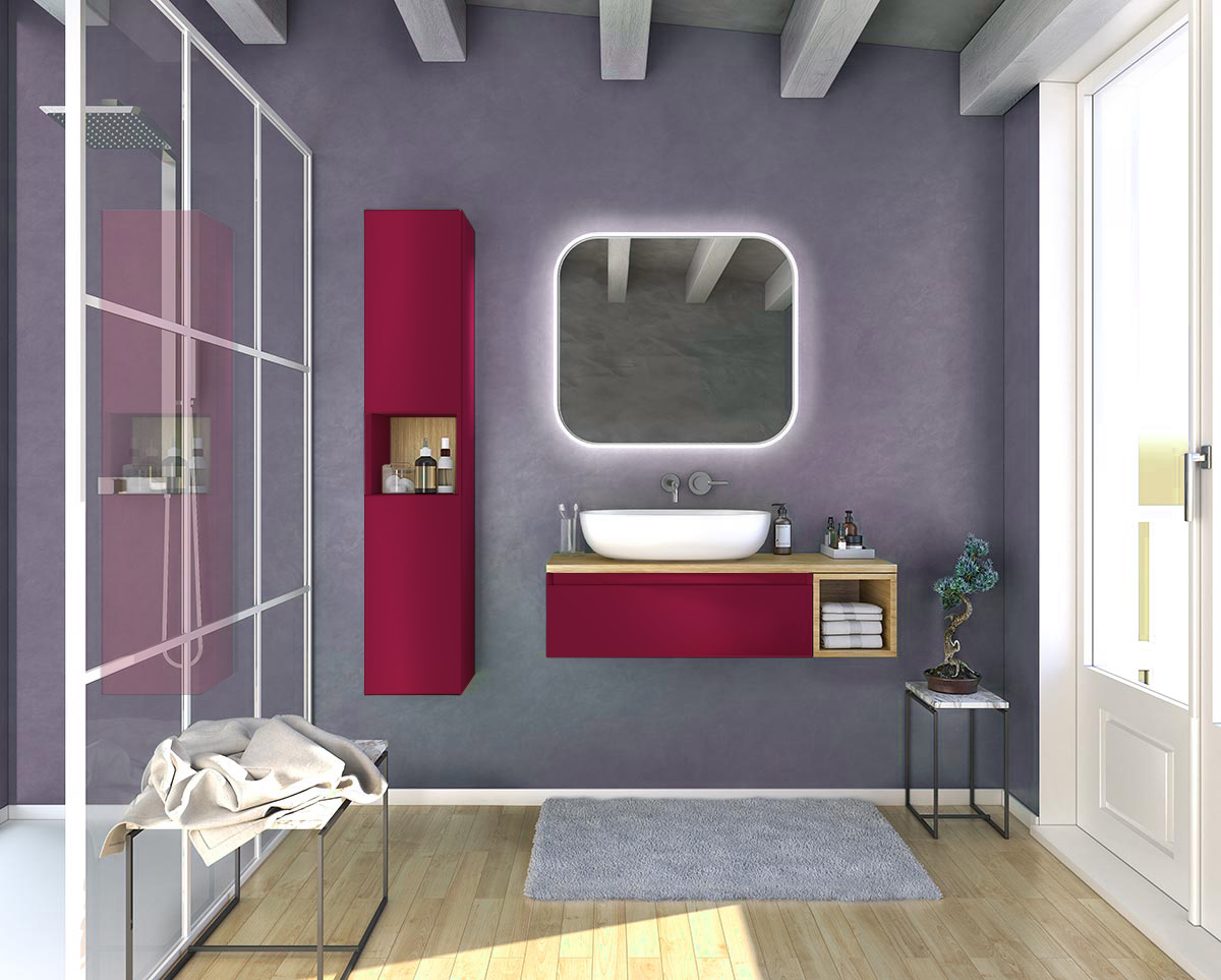 Mobile da bagno sospeso con lavabo in appoggio, finitura Rosso Vino e Rovere