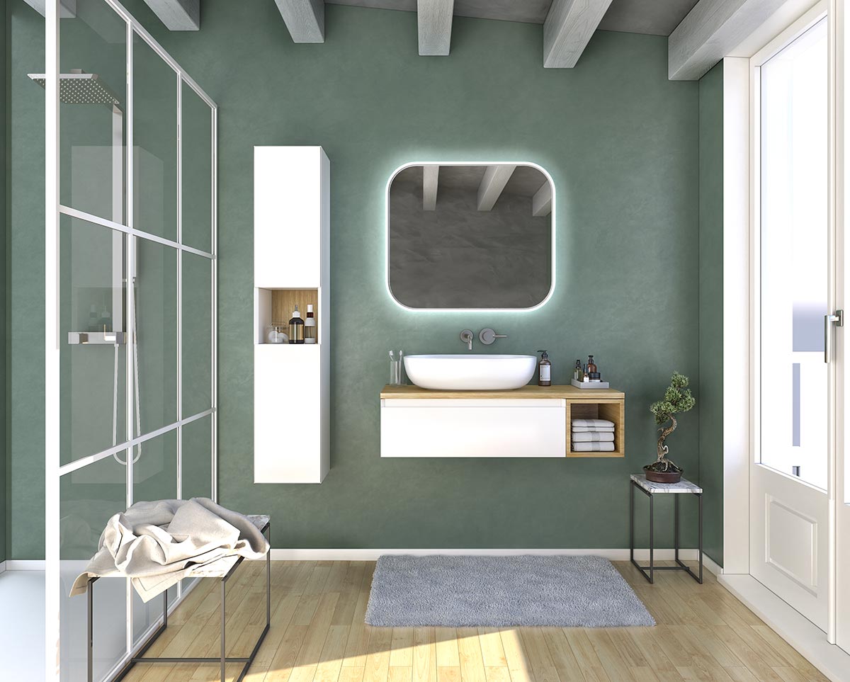 Mobile da bagno sospeso con lavabo in appoggio, finitura Bianco opaco e Rovere