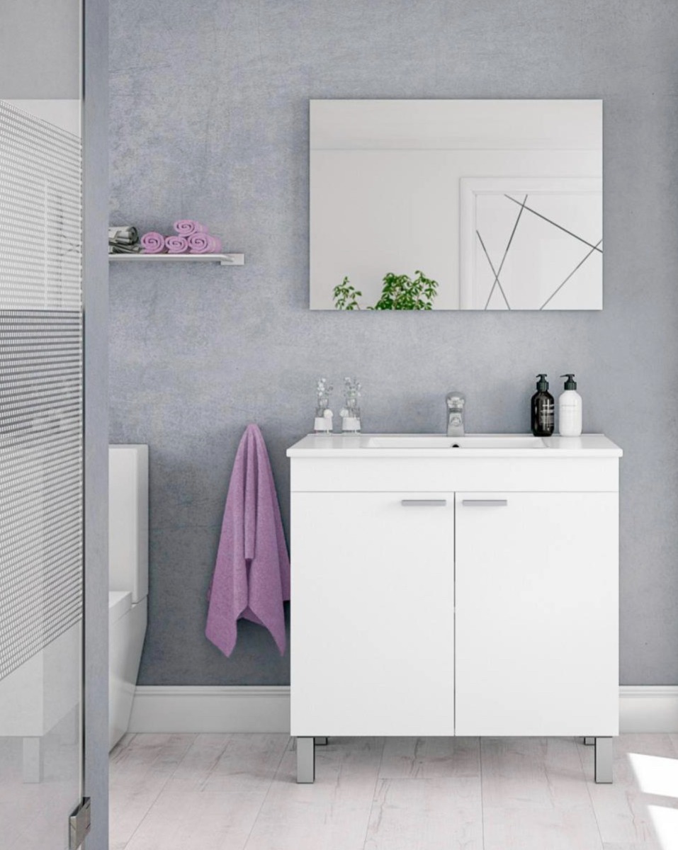 Mobile da bagno con 2 ante battenti più specchiera, finitura bianco lucido