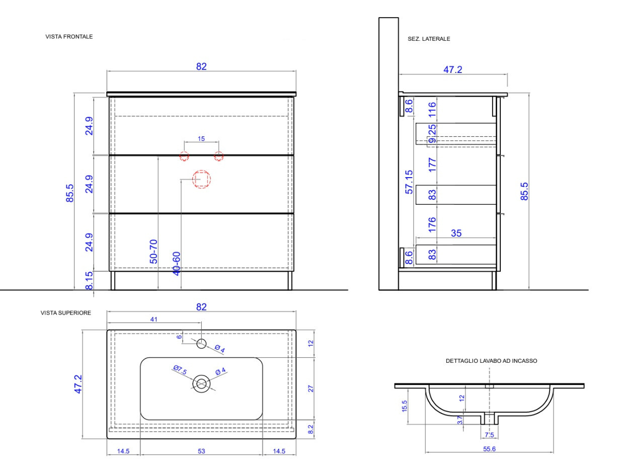 Conveniente Mobile bagno a terra, 3 cassetti L.82 cm, bianco con inserti specchio