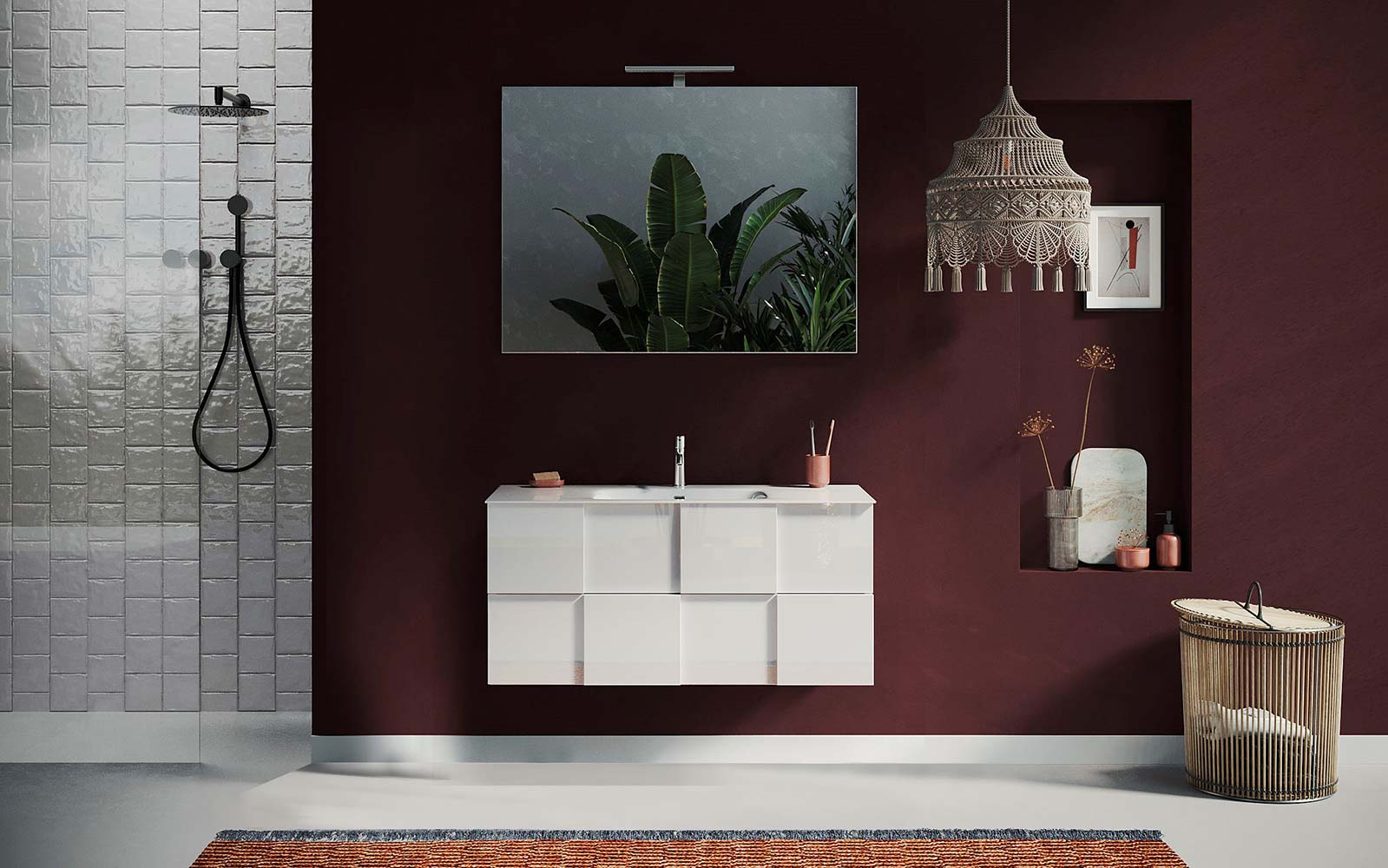 Mobile da bagno L.101, bianco lucido sospeso a 2 cassetti