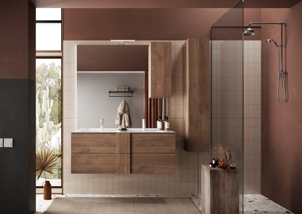 Mobile da bagno sospeso con doppio lavabo, finitura Mercure