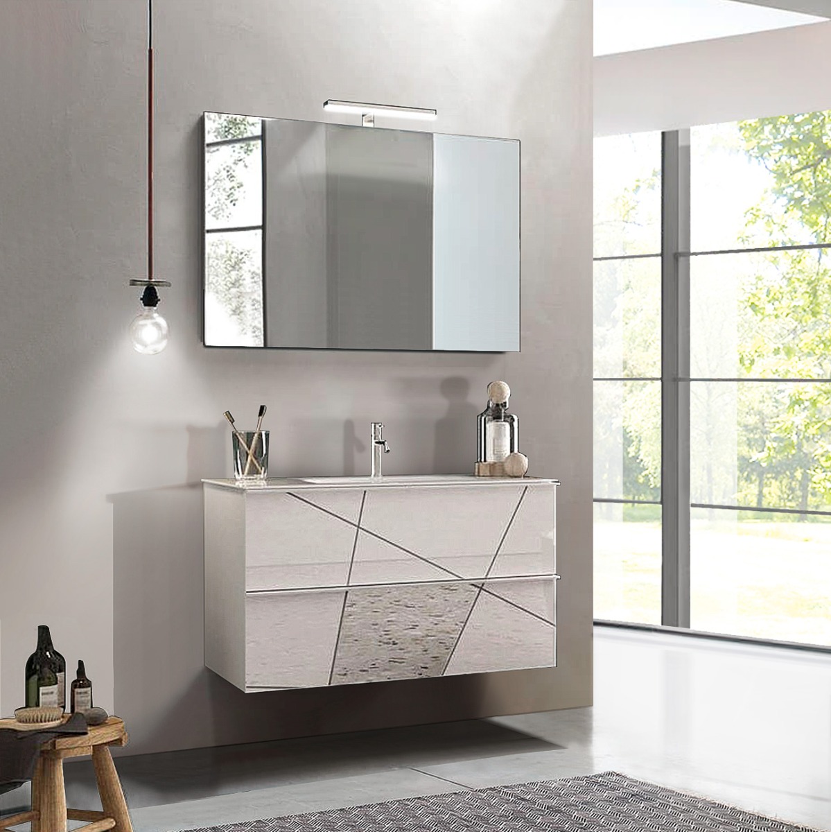 Mobile da bagno sospeso in offerta bianco lucido con dettagli specchio