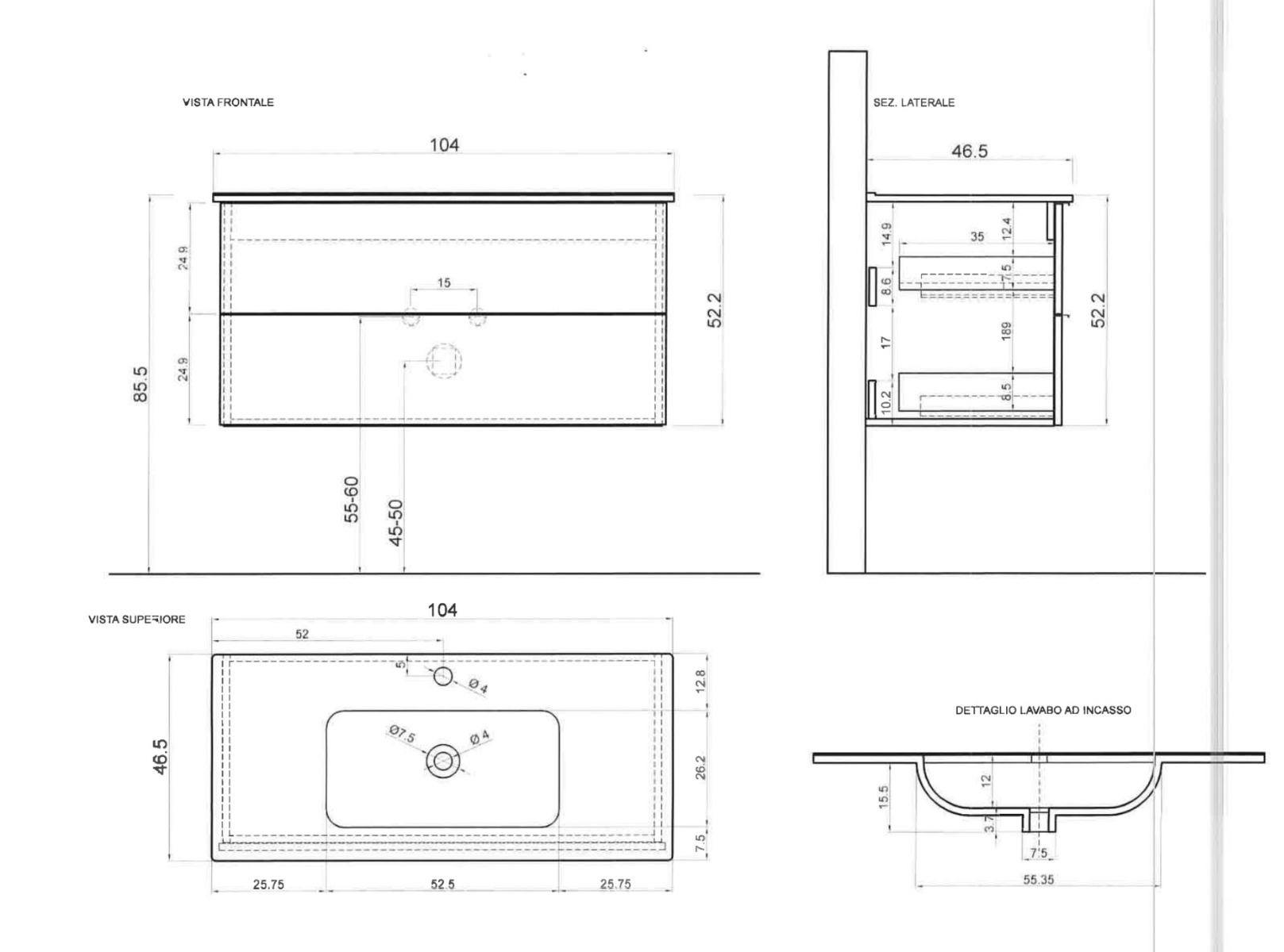 Mobile da bagno 2 cassetti sospeso, finitura Bianco lucido