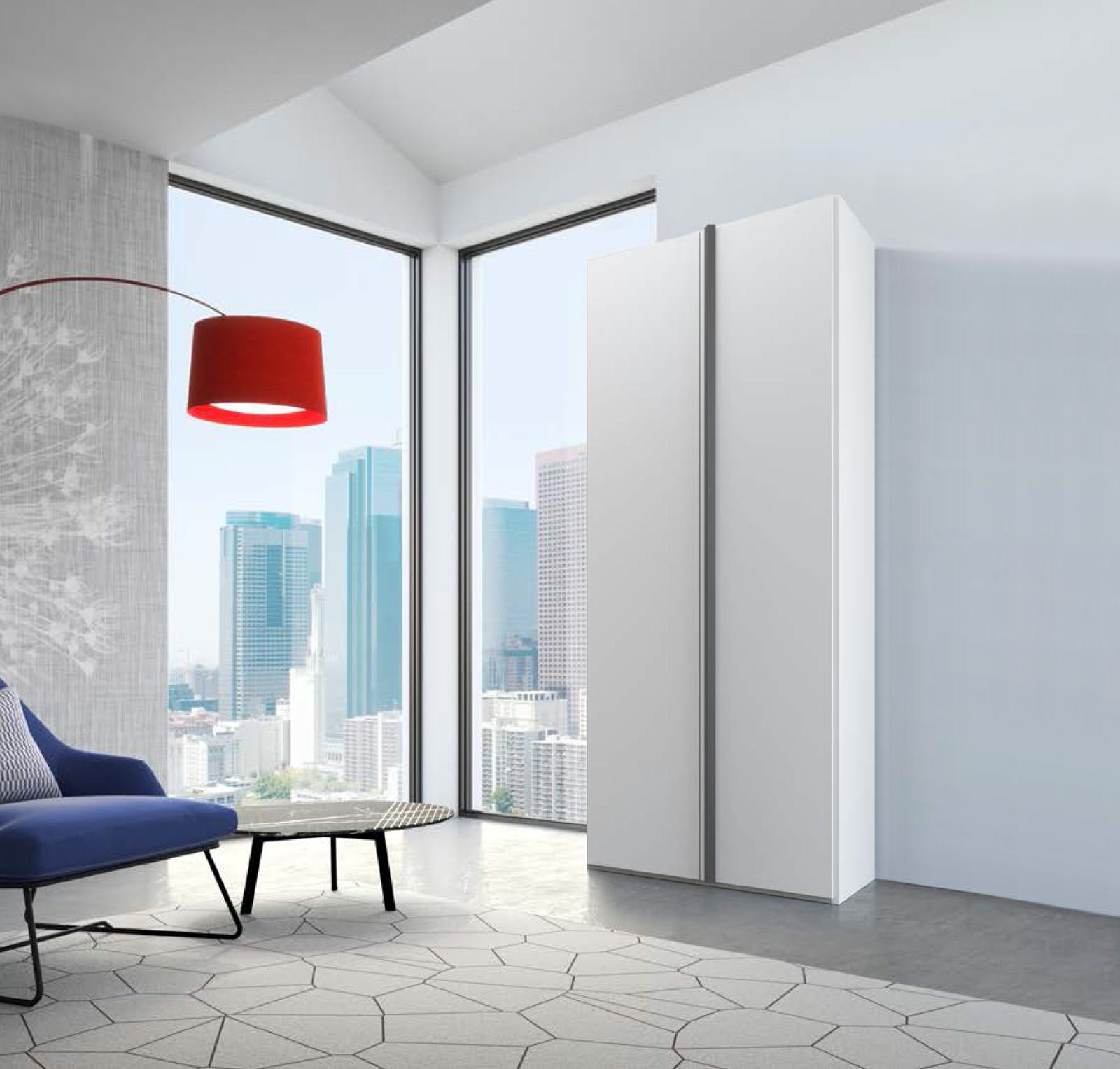 Armadio di design, 2 ante battenti, finitura Bianco Opaco con maniglie Grigie cenere