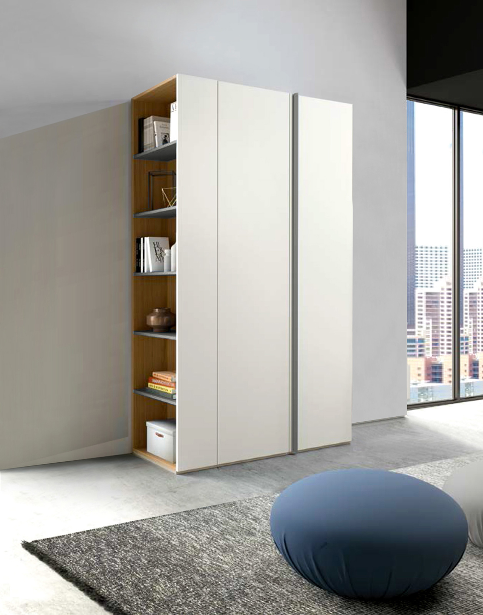 Armadio di design, 2 ante battenti e libreria laterale, finitura Bianco Opaco e Grigio cenere
