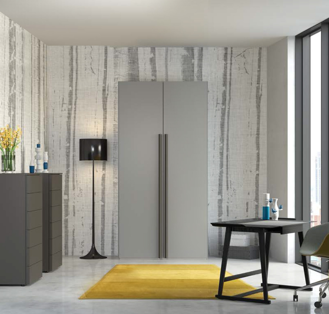 Armadio moderno con 2 ante battenti, finitura Grigio seta Opaco con maniglie grigie