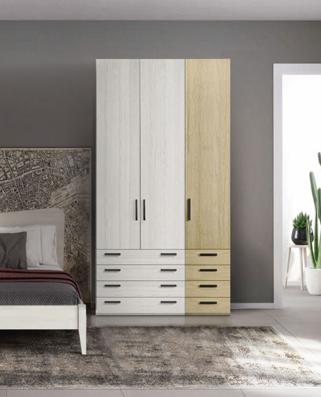 Armadio moderno L.136 a 3 ante e 8 cassetti H.257, finitura Rovere bianco e Royal Oak