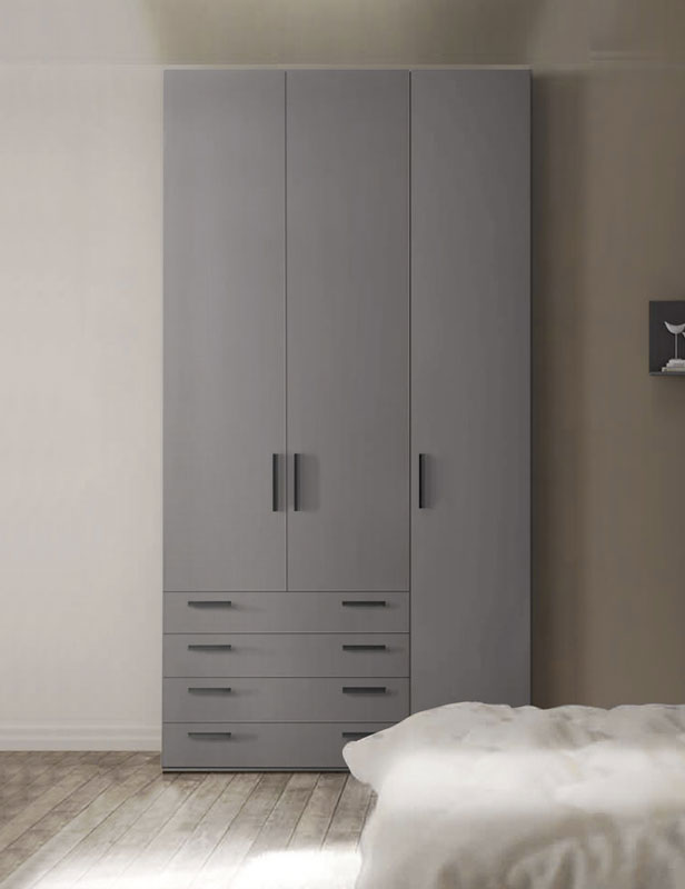Armadio moderno L.136 a 3 ante e 4 cassetti H.257, finitura Grigio Titanio