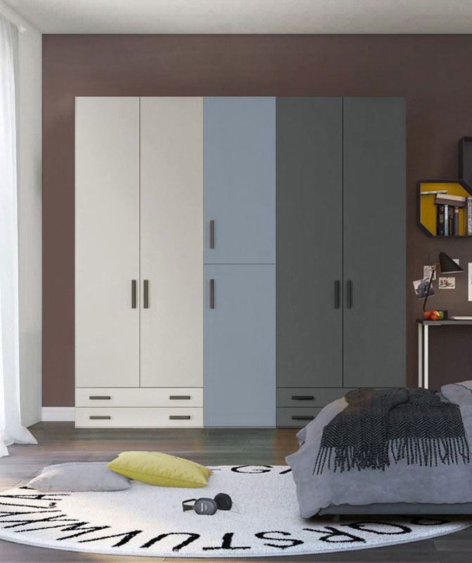 Armadio moderno L.241 a 6 ante e 4 cassetti H.257, finiture Grigio Dorian, Cadaques e Grigio Titanio