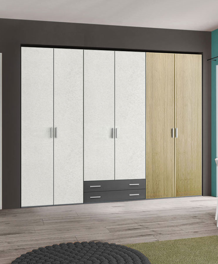 Armadio moderno L.271 a 6 ante e 2 cassetti H.257, finitura Royal Oak, Grigio Titanio e Cemento Artico