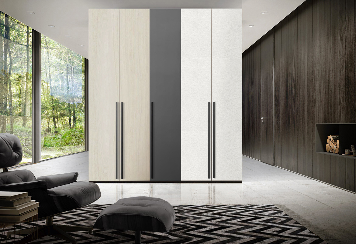 Armadio moderno L.226 a 5 ante battenti H.257, finiture Noce brina, Cemento Artico e Grigio Titanio