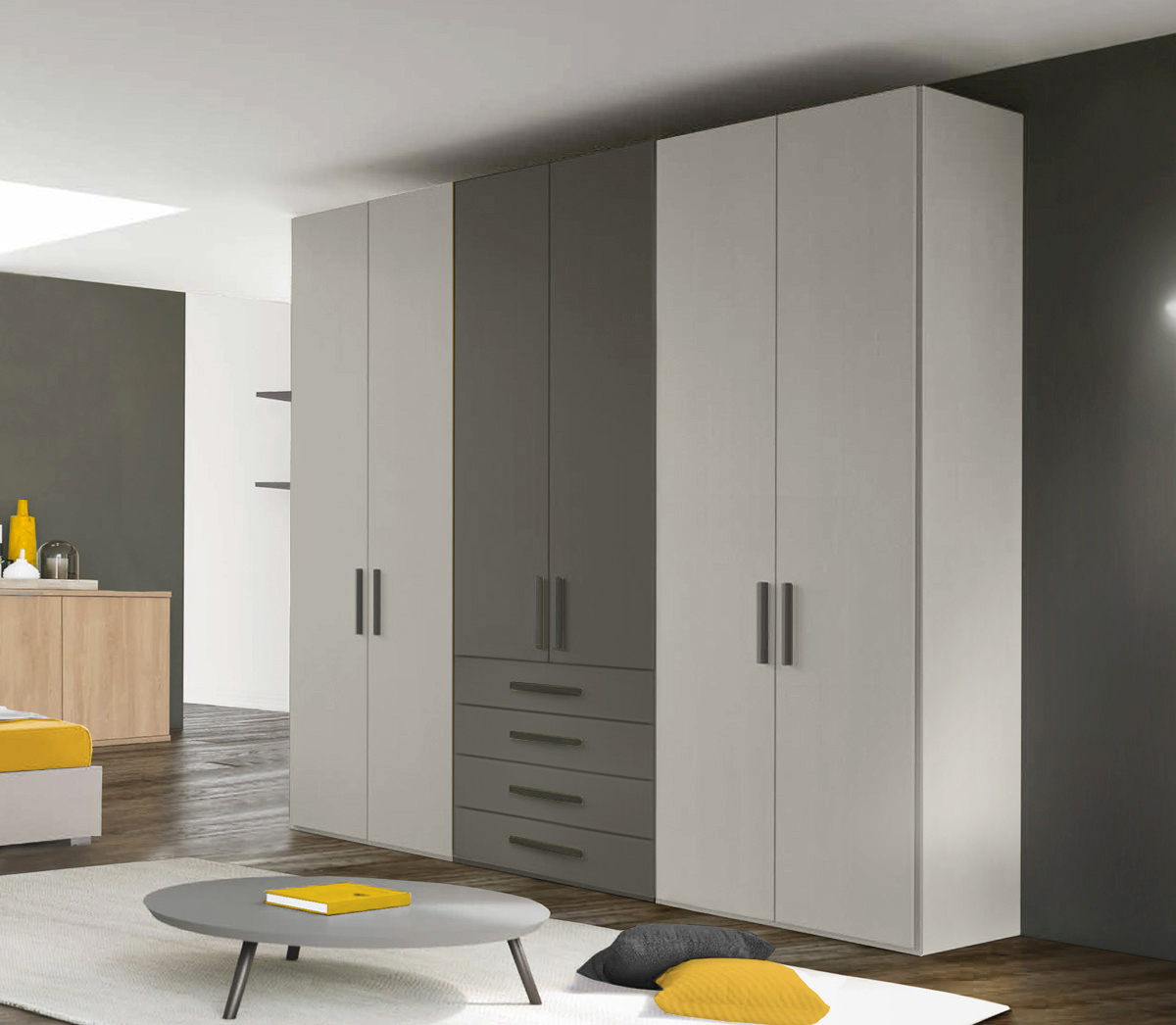 Armadio moderno L.271 a 6 ante e 4 cassetti H.257, finiture Grigio Dorian e Grigio Titanio