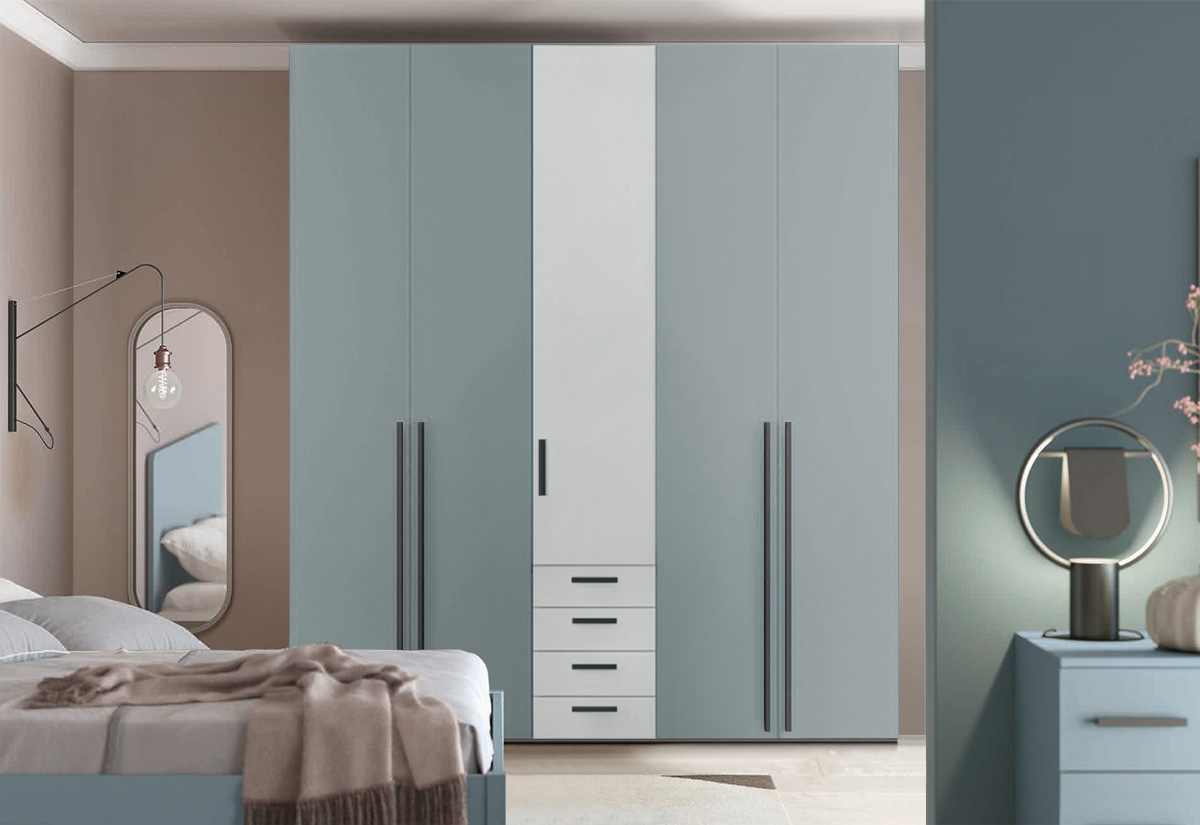 Armadio moderno L.226 a 5 ante e 4 cassetti H.257, finiture Cenere e Grigio Dorian